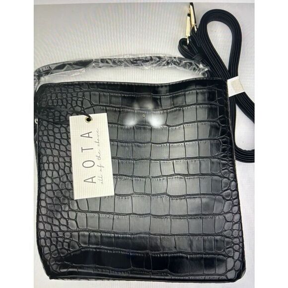 AOTA Black Vegan Leather Croc Embossed Elena Top Handle/Crossbody Bucket Bag - Picture 4 of 5